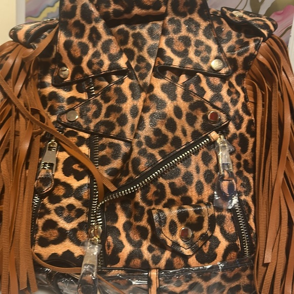 NWT Leopard Moto Jacket Fringe Backpack Handbag - Picture 4 of 8